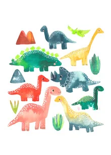 Illustration von Lisa Dolson: Dinosaurier in lebendigen Farben und freundlicher Ausstrahlung.