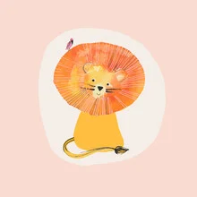 Wall art by Lisa Dolson: lion with a bird in soft colors and playful style