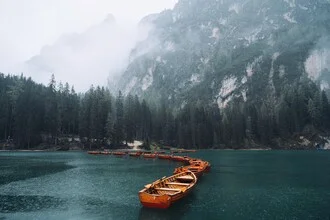 Photo art: Boats in fog at Pragser Wildsee, tranquil atmosphere, soft colors
