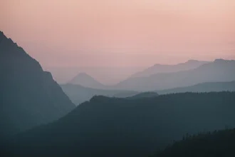 Photo art by AJ Schokora: soft dusk over hills with a pink sky.