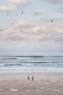 Beautiful photo art by AJ Schokora: walkers on the beach with waves and seagulls