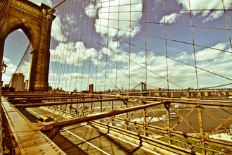 Photo art by Tim Bendixen: view of the Brooklyn Bridge at sunset over the East River