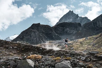 Photo art by Jordi Saragossa: Kilian Jornet trail running in the Swiss mountains