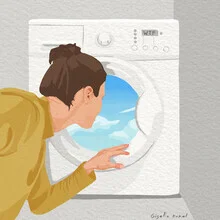Illustration of a woman dreaming of a vacation, surrounded by laundry and a washing machine.