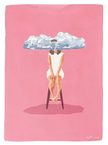 Illustration von einer Frau in Meditation unter einer Wolke in sanften Rosa-Tönen.