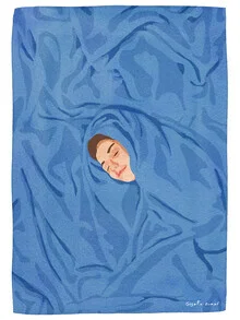 Wall art: humorous watercolor illustration of a sleepy woman in bed