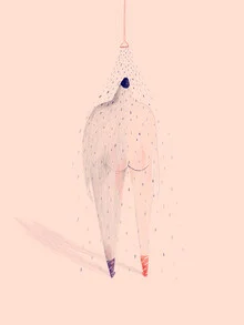 Illustration von Trude is Krude: Mann unter rosa Dusche zur Abkühlung
