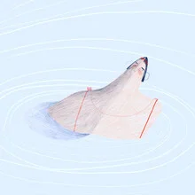 Illustrierte Szene mit einem Mädchen, das erfrischendes Wasser genießt, sonnige Stimmung.