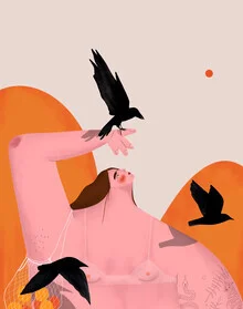 Wall art of a girl with a raven, soft colors and a dreamy mood.