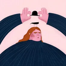 Illustration of a woman with a bird on her head in a fashionable style.
