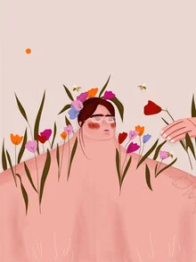 Illustration of a girl with flowers, conveying a calm and peaceful mood.