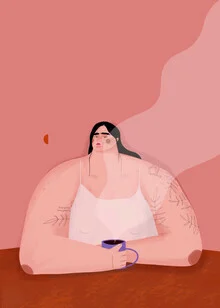 Illustration of a woman enjoying a cup of coffee, creating a cozy atmosphere.