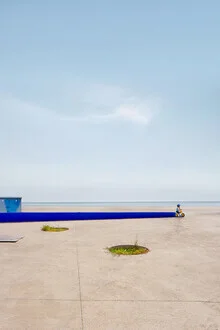 Photo art: Children's balance bike at the beach with a calm ocean horizon behind