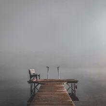 Photo art of a tranquil jetty at Kochelsee in soft morning light.
