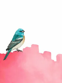 Wall art featuring a pink bird in front of a fence, soft colors and a calm mood.