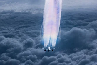 Wall art: Airplane leaving contrails in a clear blue sky