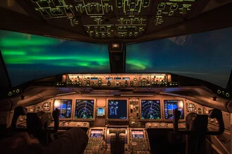 Photo art featuring Northern Lights over a cockpit, gentle colors and a calm atmosphere.
