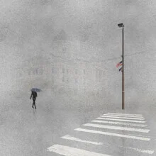 Woman with an umbrella crossing a pedestrian crossover at night.