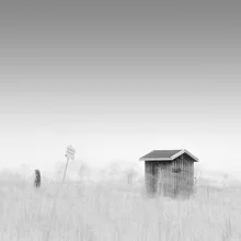 Photo art of a house by the sea with dunes, gentle waves, and a calm atmosphere.