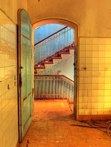 Photo art by Carsten Krause: blue staircase with tiles and handrail in a ruin