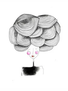 Portrait of a woman with voluminous hair in soft colors.