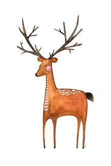 Wandbild von Bianca Peters: sanfte Aquarellillustration eines Rentiers im Wald