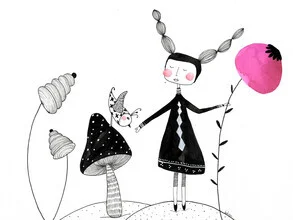 Illustration by The Artcircle: a girl with flowers and a bird in nature