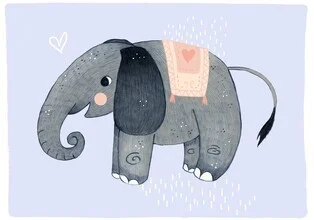 Illustration of an elephant by Judith Loske with soft colors and a friendly expression.