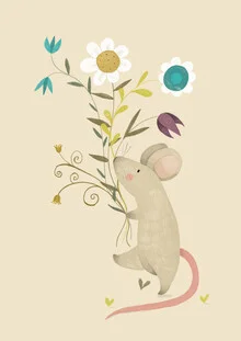 Illustration by Judith Loske: a mouse with flowers in a cozy style