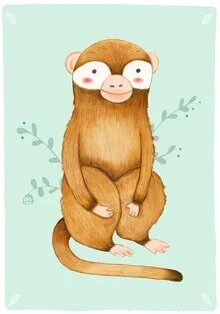 Illustration of a monkey by Judith Loske, cheerfully sitting in the jungle, vibrant colors.