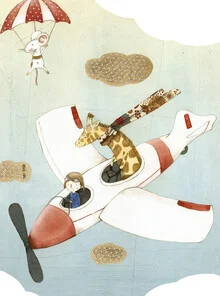 Wall art by The Artcircle: Boy with mouse flying on a giraffe in the sky.