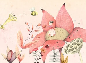 Illustrierte Szene mit einem Mädchen und einer Biene in einem blühenden Garten