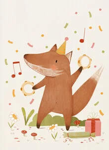 Wandbild von Judith Loske: fröhlicher Fuchs, der Musik im Wald genießt.