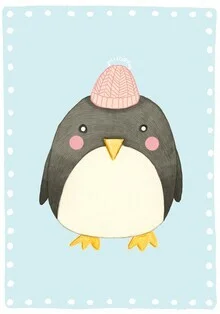 Illustration of a penguin in soft colors, friendly and playful.