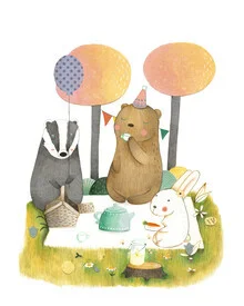 Illustration by Judith Loske: friends enjoying a picnic in nature with a bunny and a bear