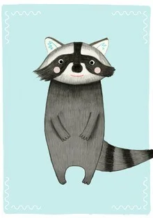 Wall art by Judith Loske: cute raccoon in soft colors, perfect for any room.
