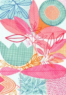 Wandbild mit bunten Pflanzenmotiven von Susan Black: fröhliche Naturdarstellung.
