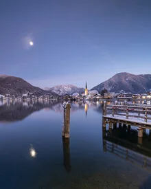 Photo art by Franz Sussbauer: moon over Lake Tegernsee with tranquil landscape.