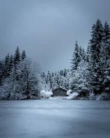 Photo art by Franz Sussbauer: cabin by the lake surrounded by snow-capped mountains