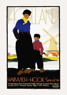 Illustration by Vintage Collection: charming Holland with windmills and typical canals.