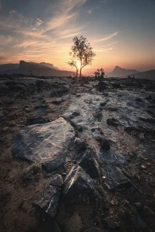 Photo art by Jean Claude Castor: picturesque canyon in Oman at sunset