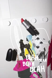 Wall art by Nora Hase: colorful collage featuring lipstick and accessories.