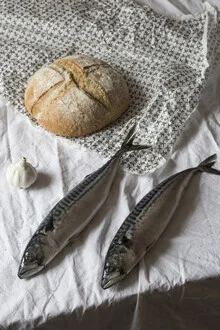 Still life by Nora Hase: two fish and one bread on a rustic table