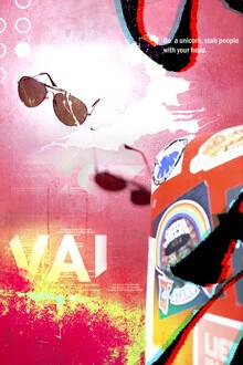 Wall art featuring a colorful collage with sunglasses and a unicorn.