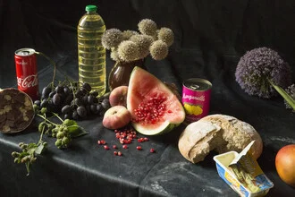 Still life featuring various foods in soft colors and harmonious arrangement