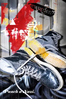 Photo art featuring shoes in a political context conveying a radical message.