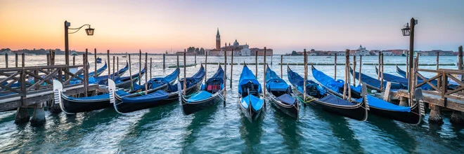 Photo art by Jan Becke: gondolas at the pier in Venice during sunset.