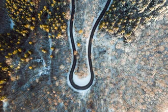 Aerial view of a curvy road surrounded by snow-covered trees in winter.