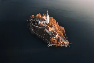 Photo art by Lina Jakobi: church on a peaceful island in Slovenia