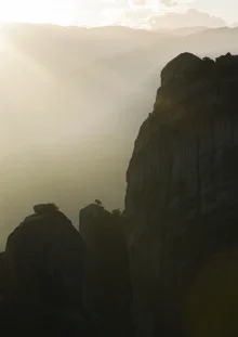 Strong tree on rocks, surrounded by soft green hills in Indonesia.